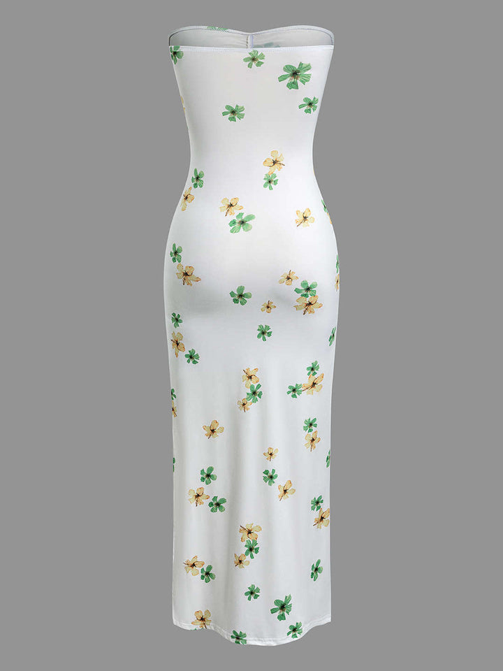 Çiçek Desenli Dantelli Yırtmaçlı Straplez Maxi Elbise