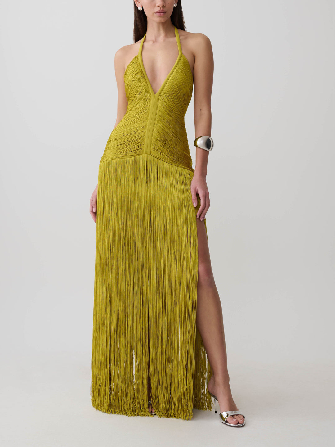 Rochie maxi chartreuse cu franjuri