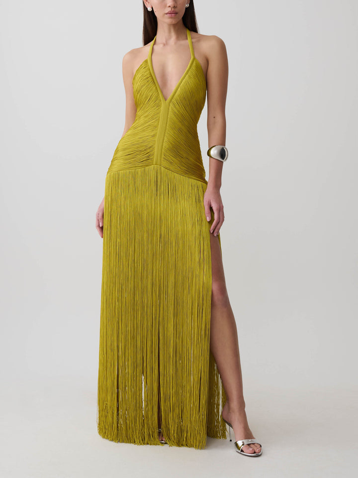 Rochie maxi chartreuse cu franjuri