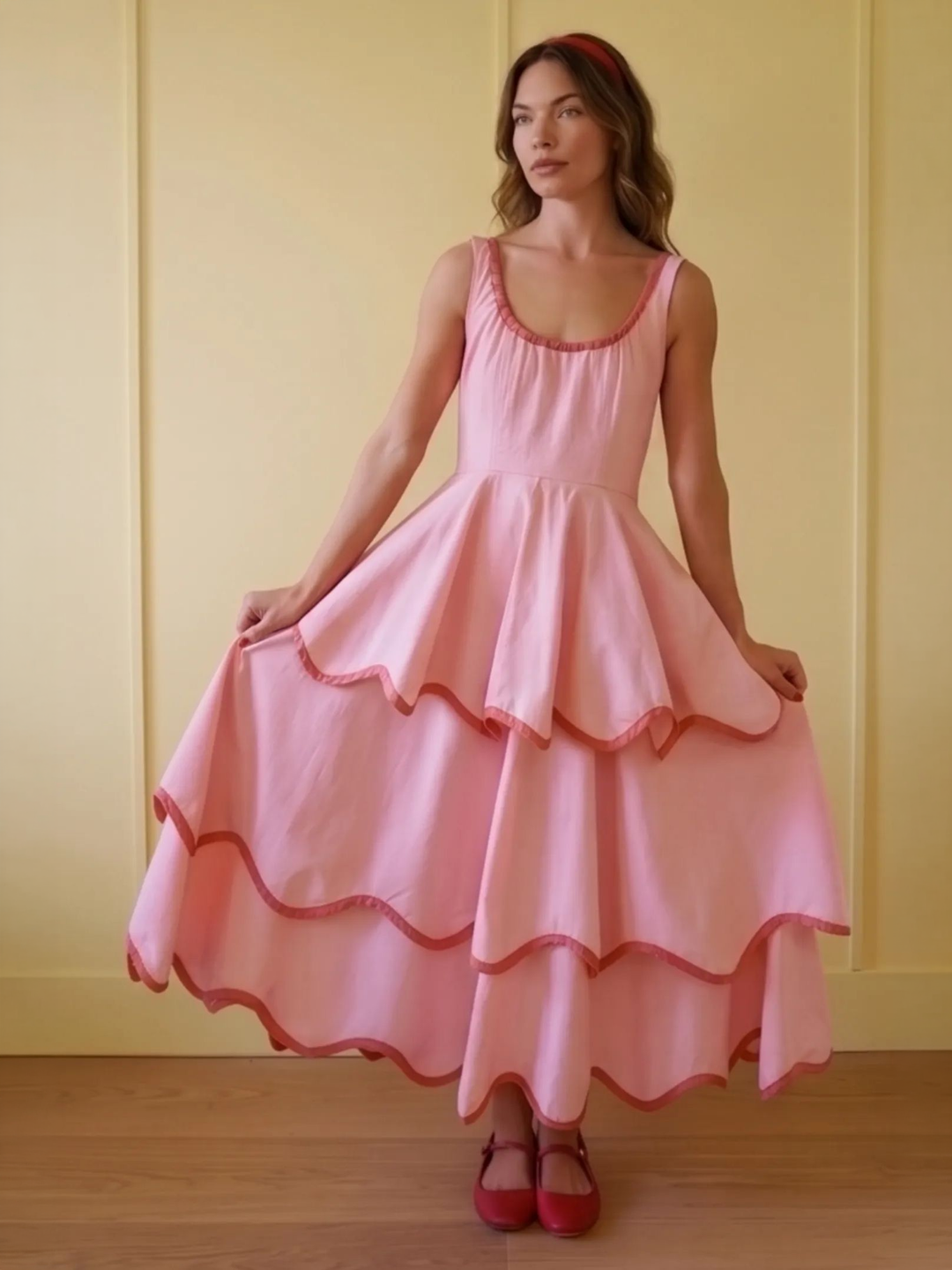 Robe midi évasée à volants avec encolure en U