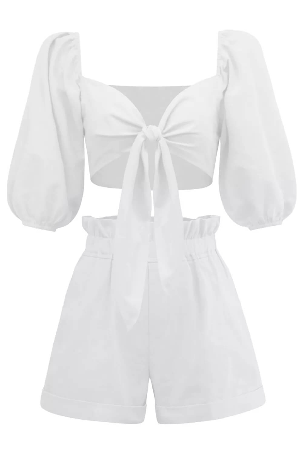 Shorts met linnen omslag aan de voorkant en pofmouwen in wit