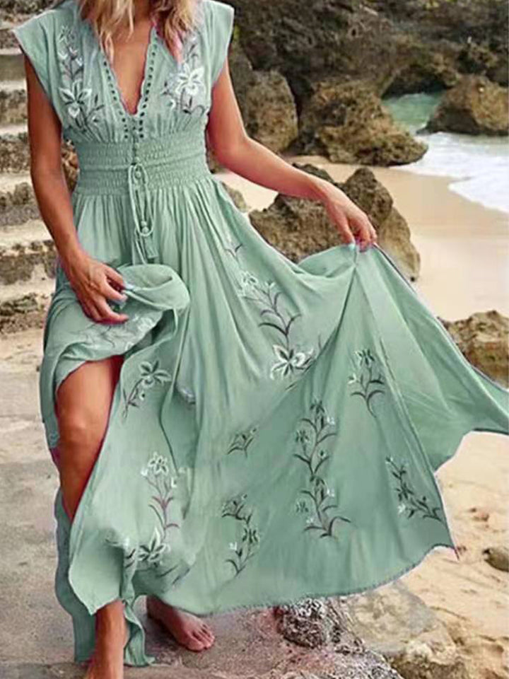 V-ringad French Beach Boho Print Dress