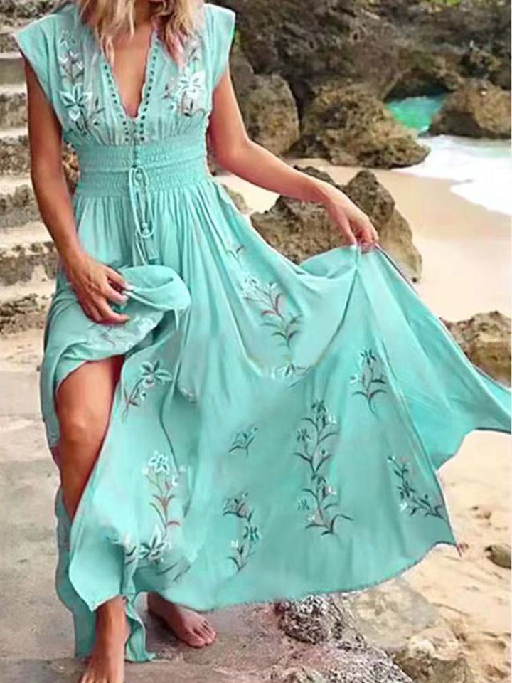 V Yaka Fransız Plaj Boho Desenli Elbise