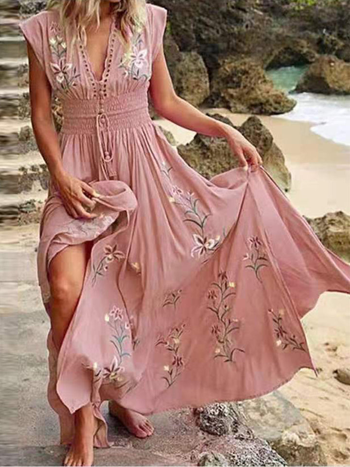 V Yaka Fransız Plaj Boho Desenli Elbise