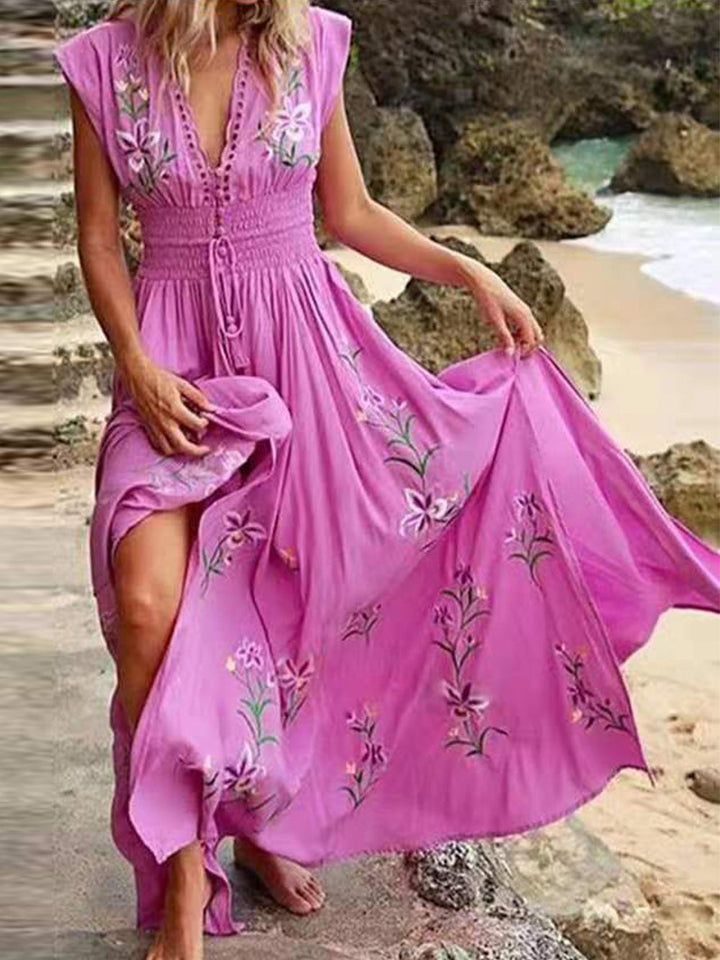 V-ringad French Beach Boho Print Dress