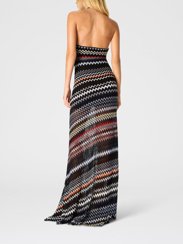Herringbone Print Halter Neck Maxi Dress