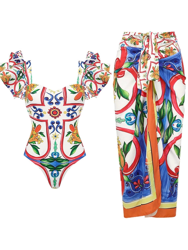 Ruffle Enamel Floral Print Swimsuit Set