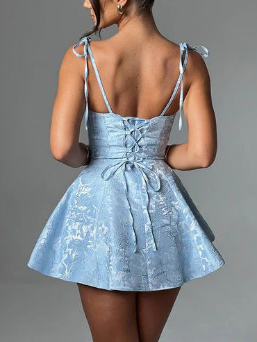 Jacquard Texture Suspender Slankende A-Hem Mini Kjole
