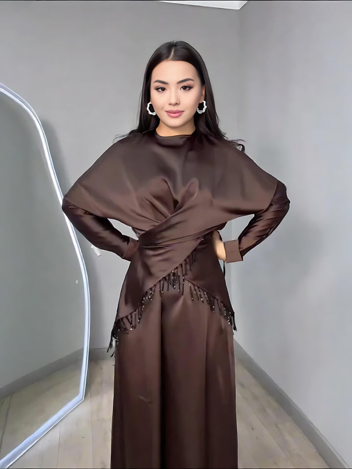 Chocolate Satin Dress & Beaded-Fringe Overlay Set