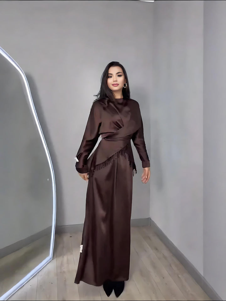 Chocolate Satin Dress & Beaded-Fringe Overlay Set