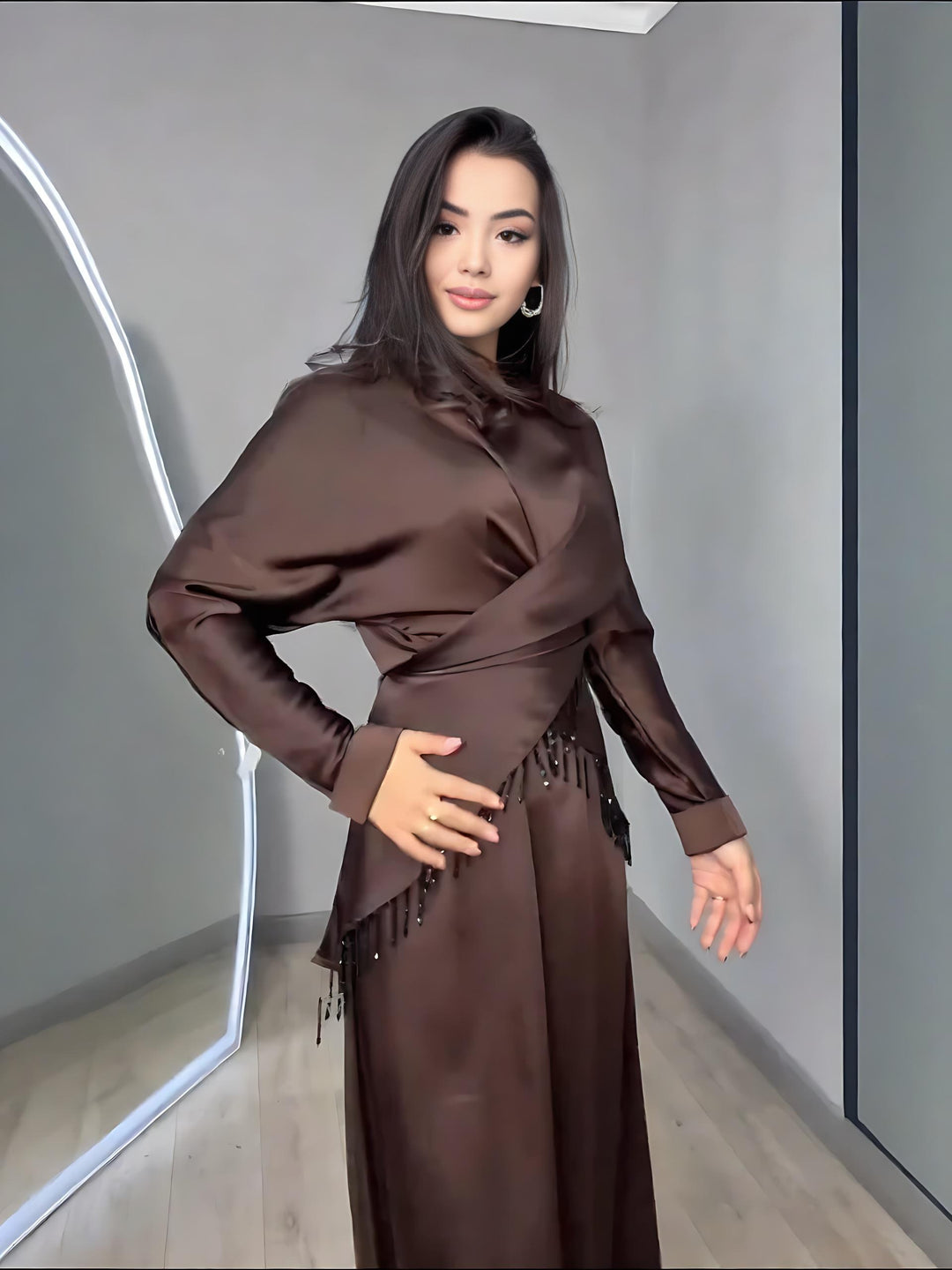 Chocolate Satin Dress & Beaded-Fringe Overlay Set