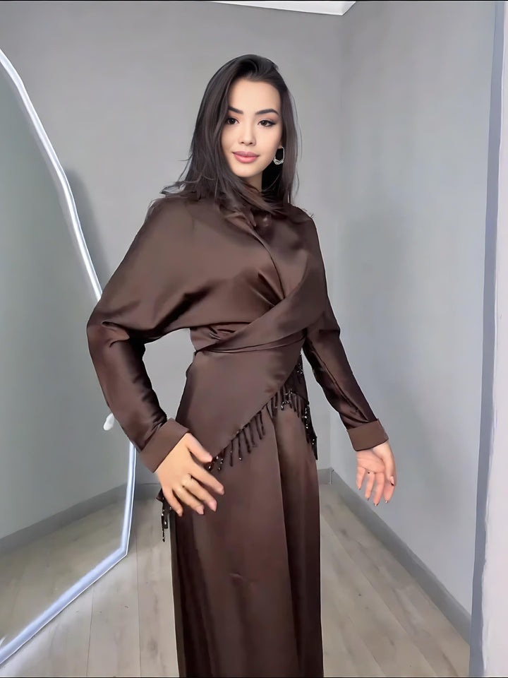 Chocolate Satin Dress & Beaded-Fringe Overlay Set