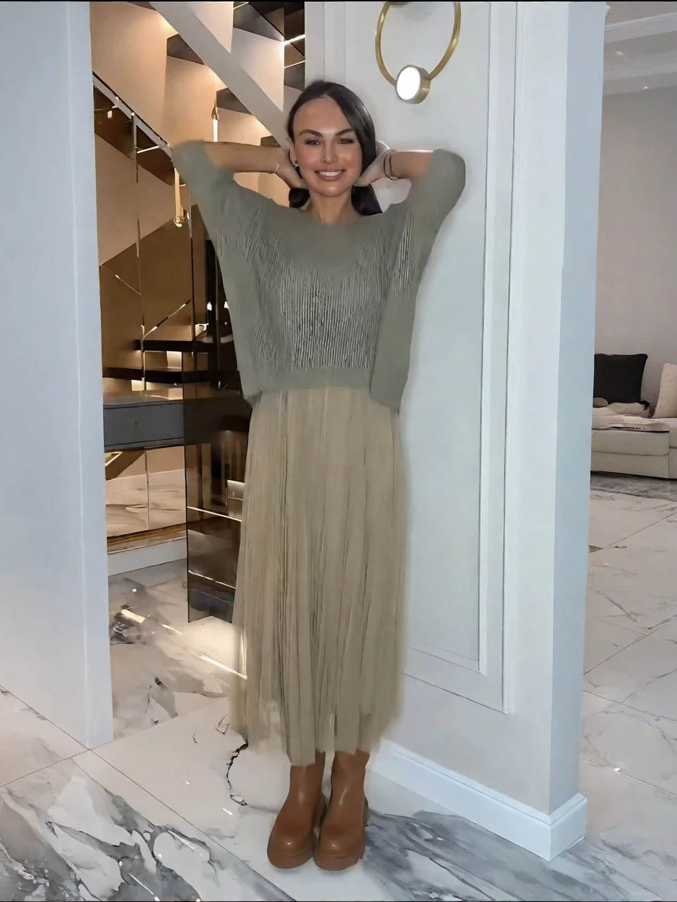 Sleeveless Mesh Dress & Oversized Knit Top Set