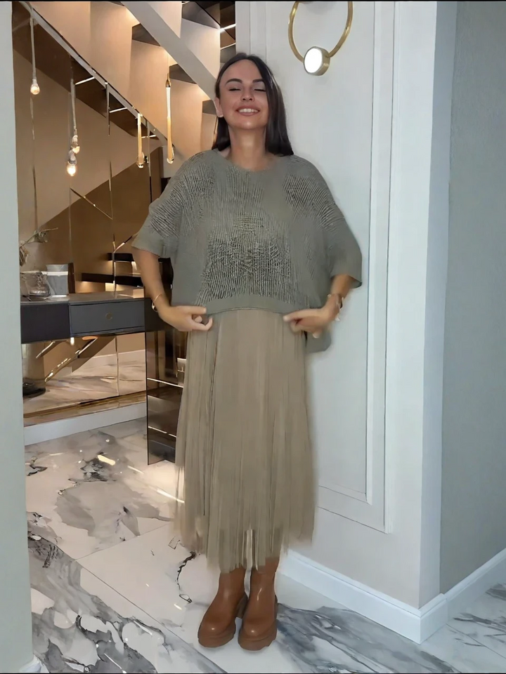 Sleeveless Mesh Dress & Oversized Knit Top Set