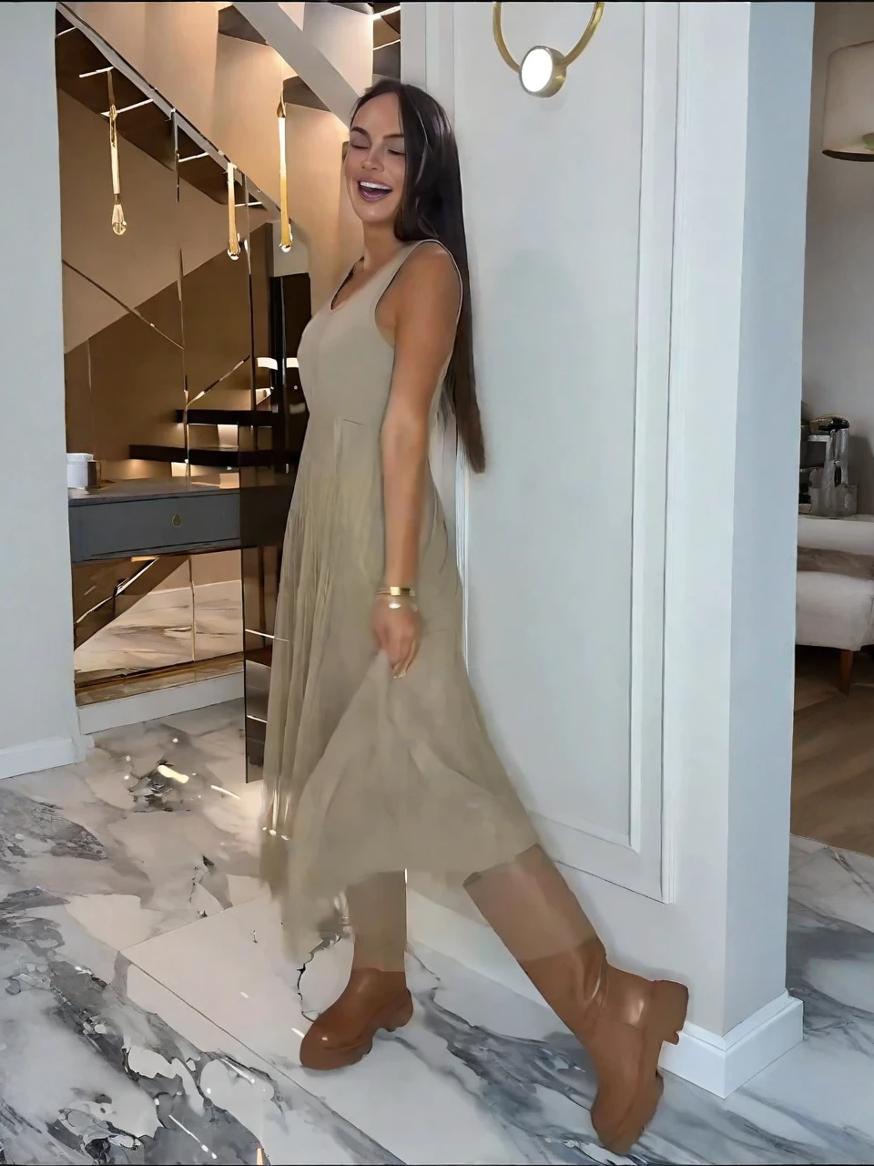 Sleeveless Mesh Dress & Oversized Knit Top Set