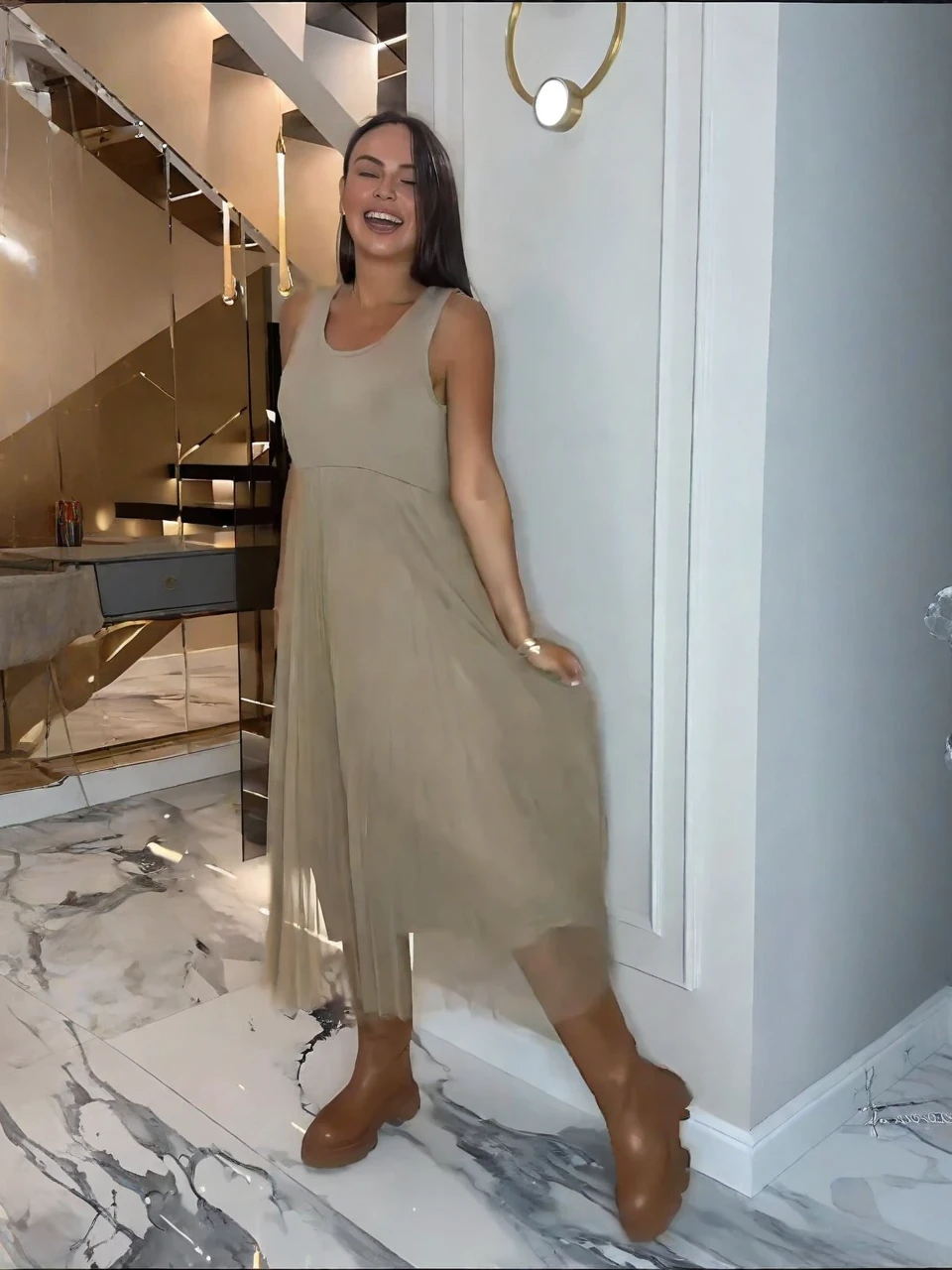 Sleeveless Mesh Dress & Oversized Knit Top Set