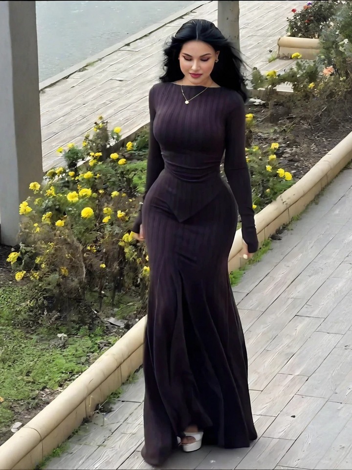 Long-Sleeve Ribbed Knit Mermaid Dress