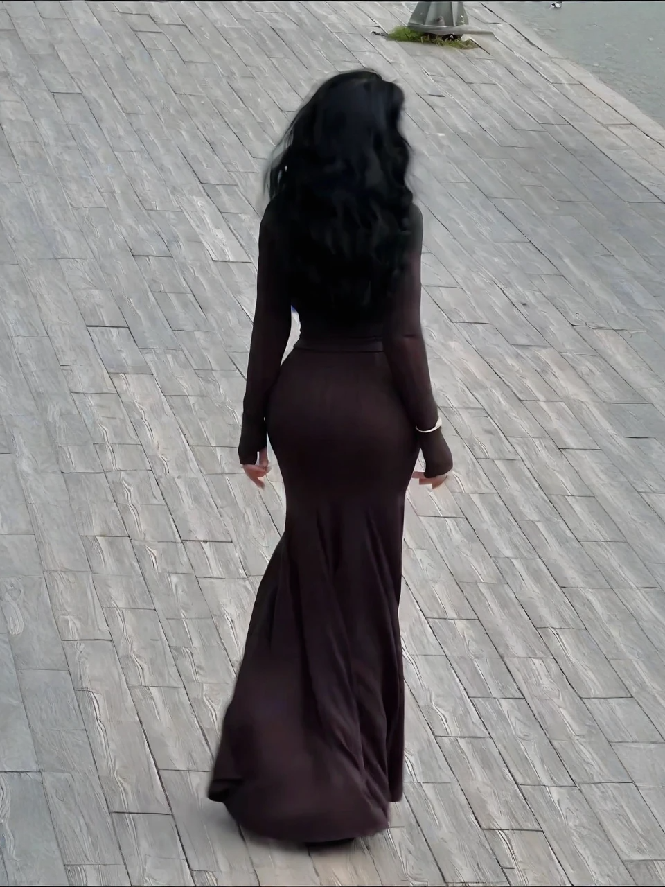 Long-Sleeve Ribbed Knit Mermaid Dress