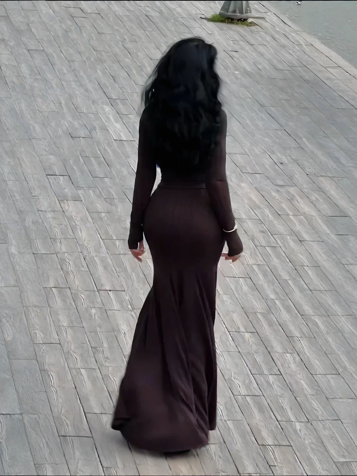 Long-Sleeve Ribbed Knit Mermaid Dress