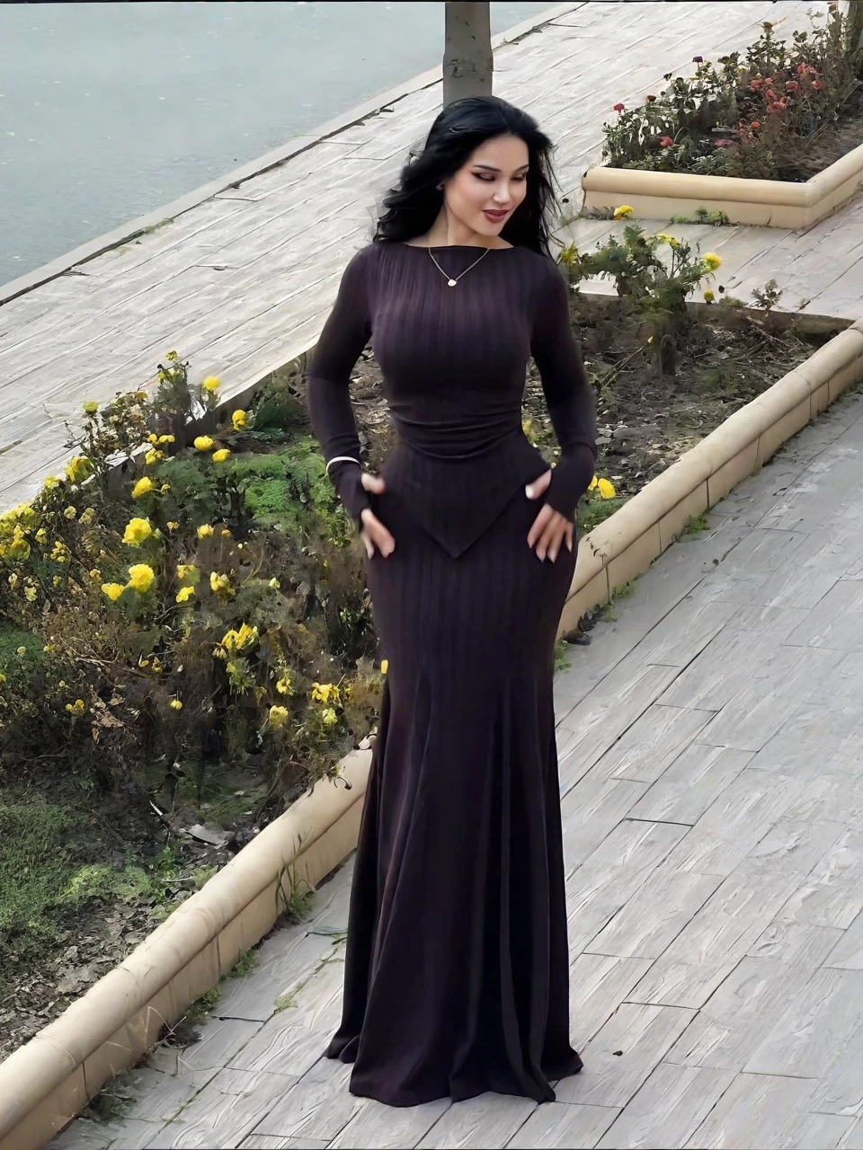 Long-Sleeve Ribbed Knit Mermaid Dress