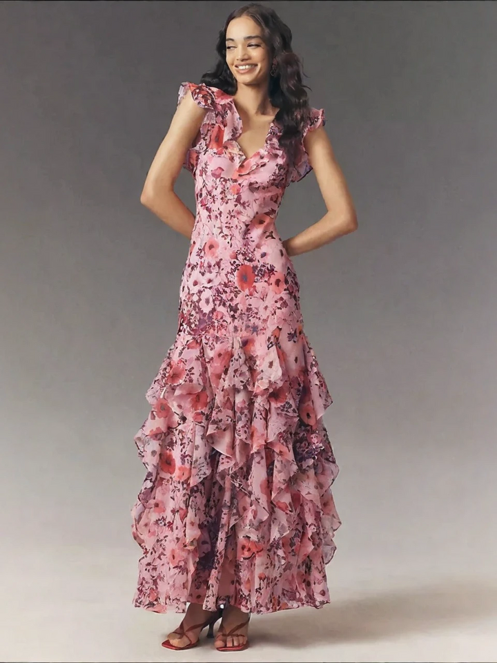 Pink Floral Ruffled Maxi Dress