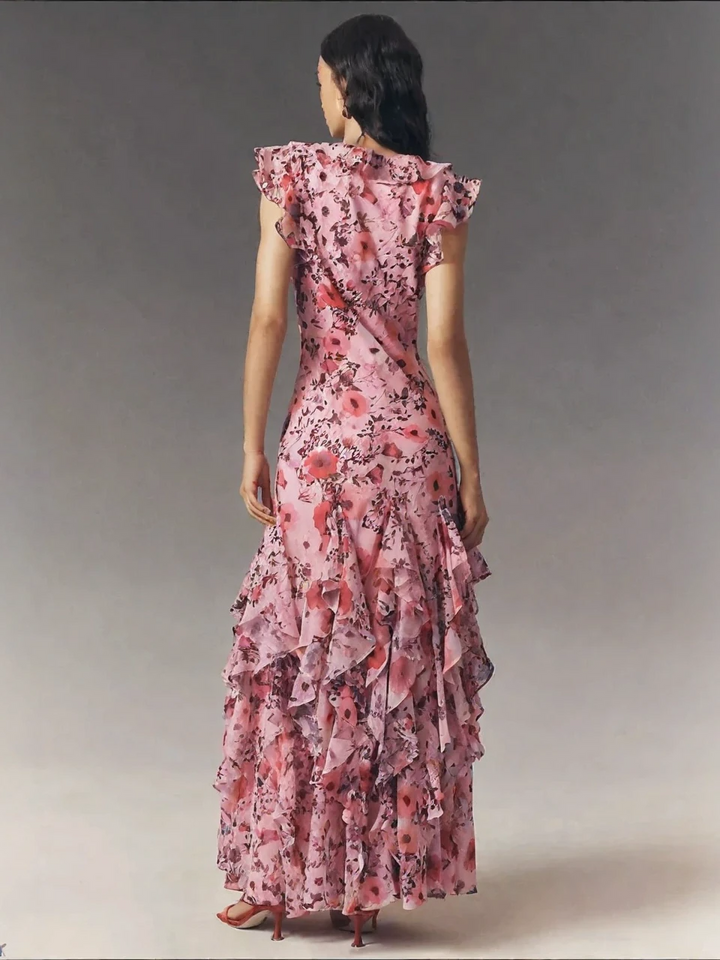 Pink Floral Ruffled Maxi Dress
