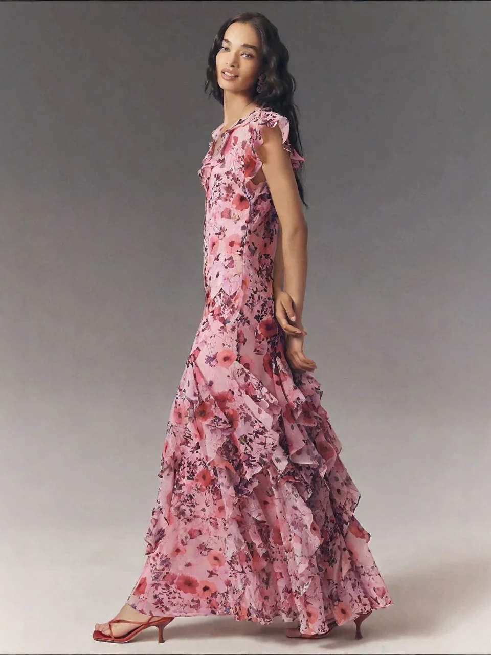 Pink Floral Ruffled Maxi Dress