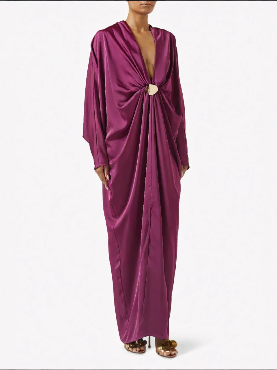 Robe longue col en satin magenta satiné