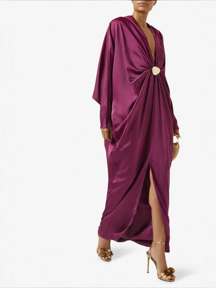 Robe longue col en satin magenta satiné