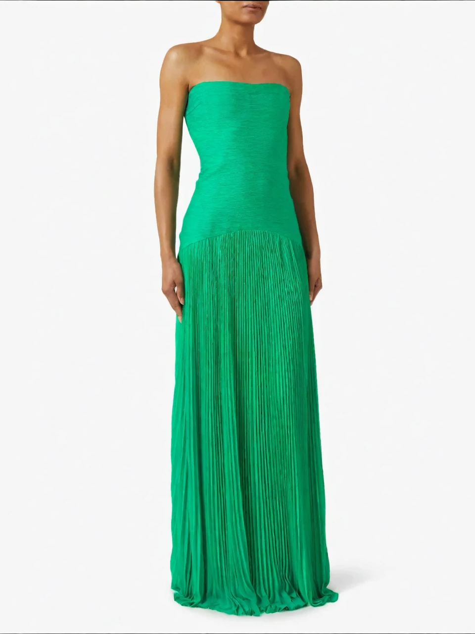 Rochie formală fără bretele plisată, culoarea smarald