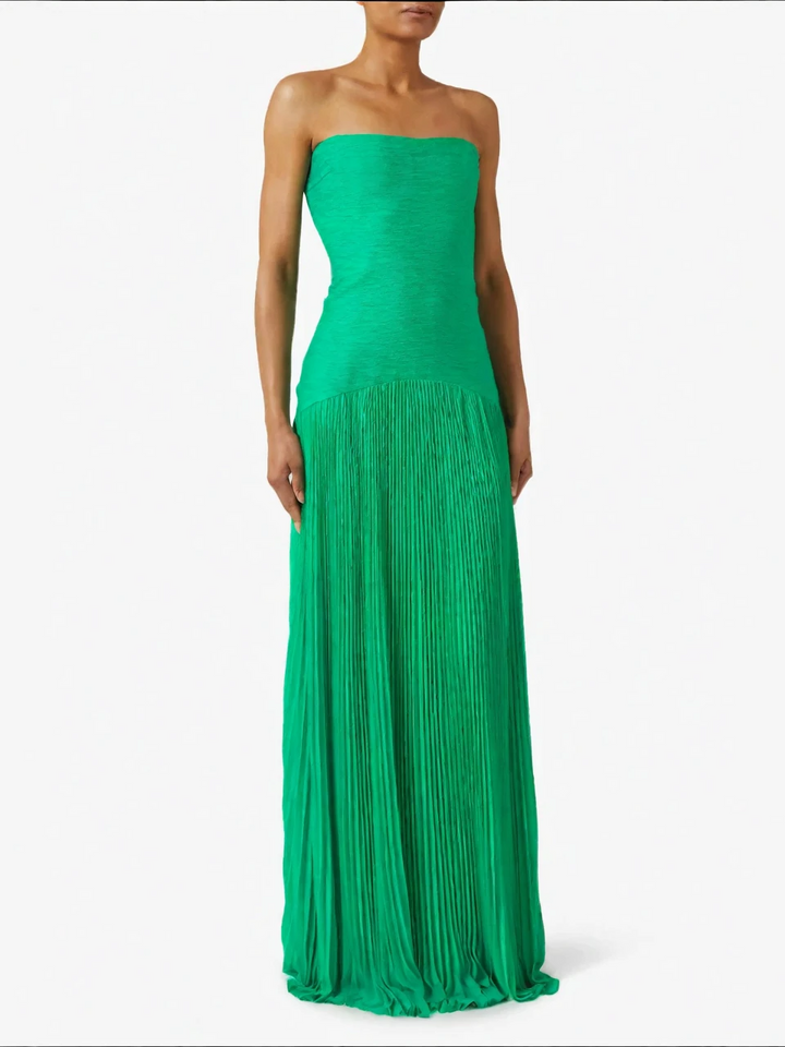 Rochie formală fără bretele plisată, culoarea smarald