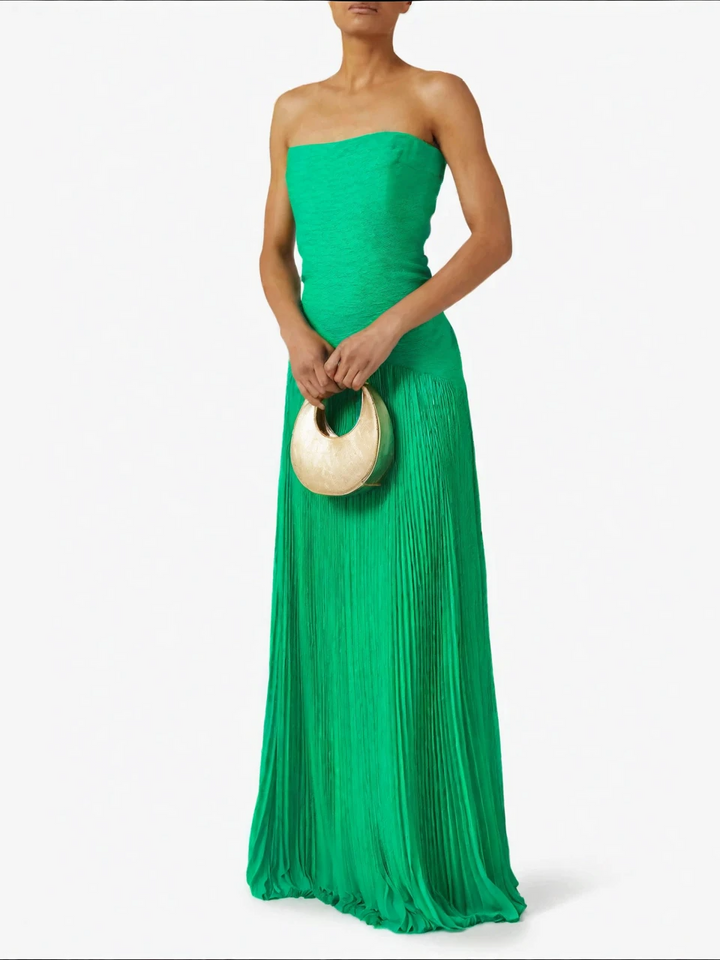 Rochie formală fără bretele plisată, culoarea smarald