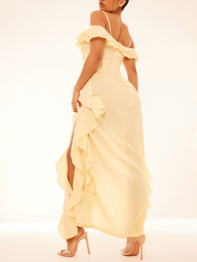 Detalye ng Lemon Cold Shoulder Ruffle Maxi Dress