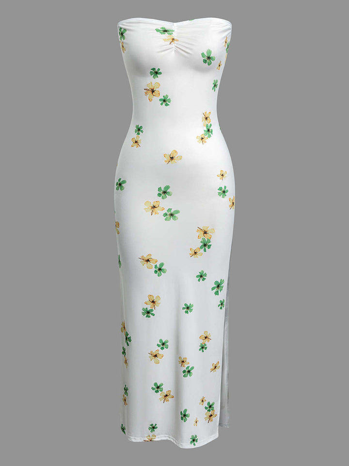 플로럴 프린트 주름 장식 슬릿 스트랩리스 맥시 드레스