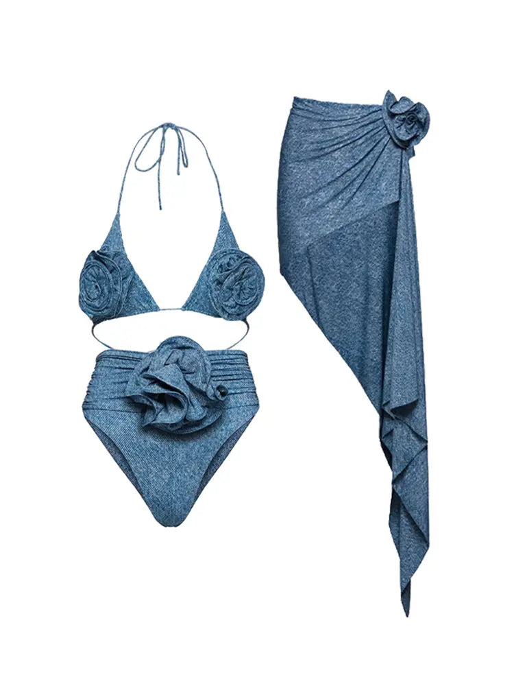 3D Blumen Neckholder Sexy Bikini Set