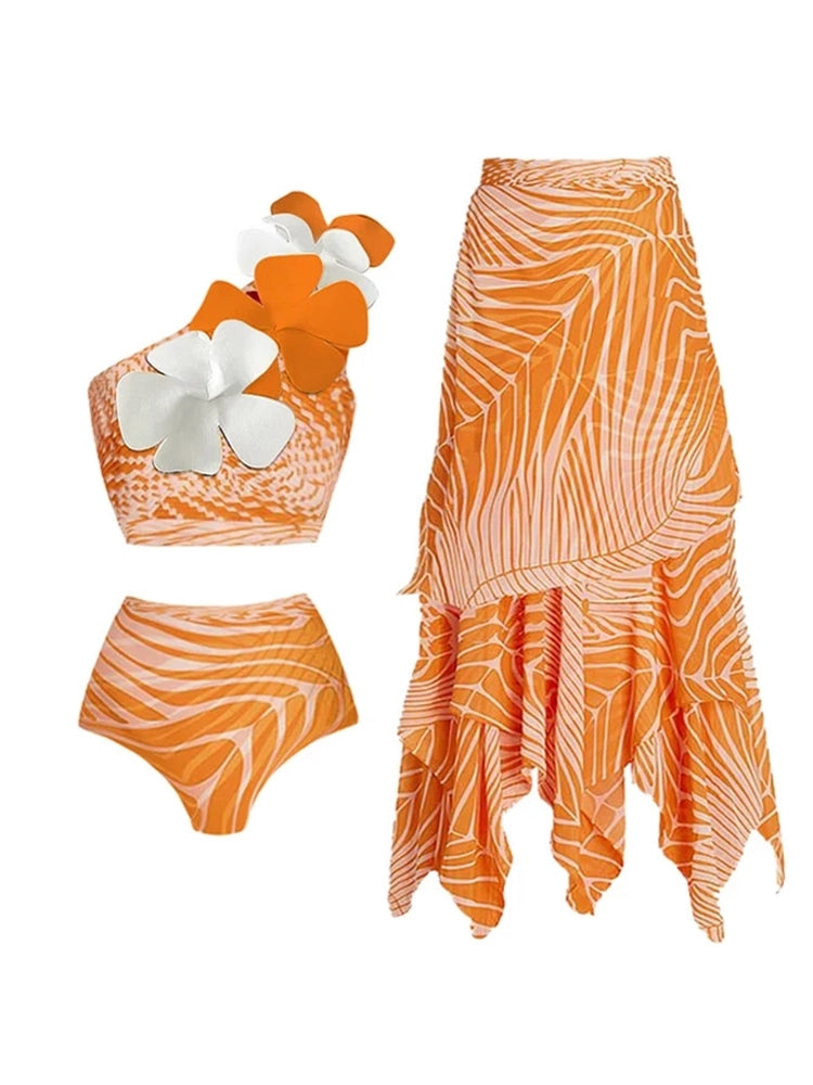 Ein-Schulter Bikini-Set mit floralem Lachsprint