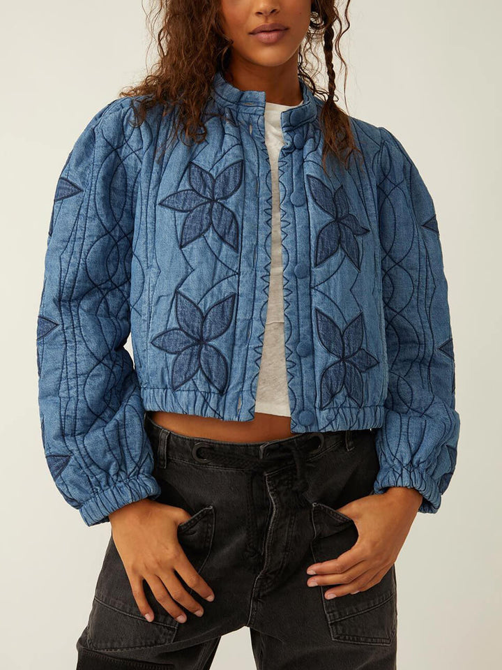 Blaue, langärmlige, kurzärmelige, bestickte Jacke mit Knöpfen