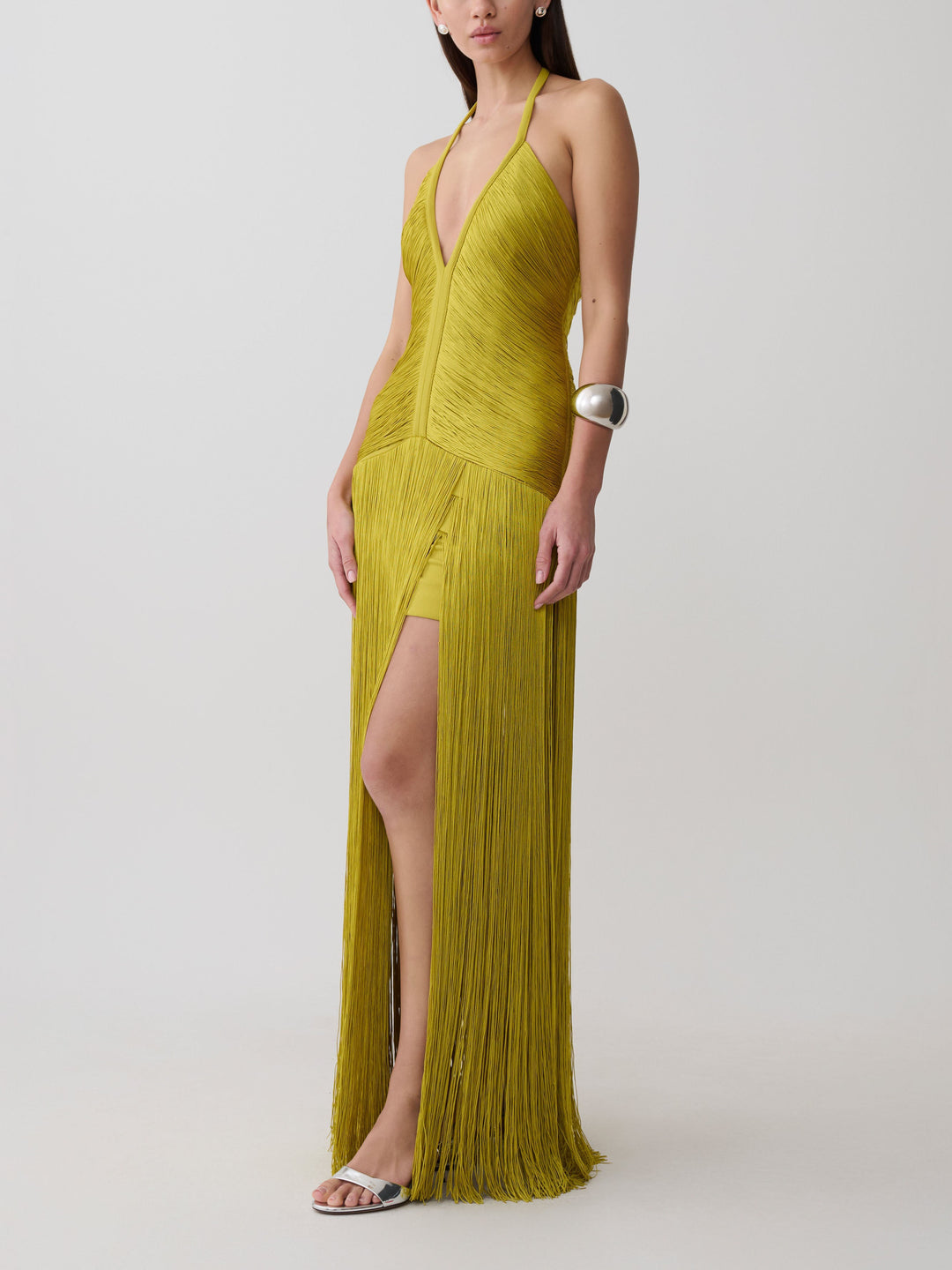Rochie maxi chartreuse cu franjuri