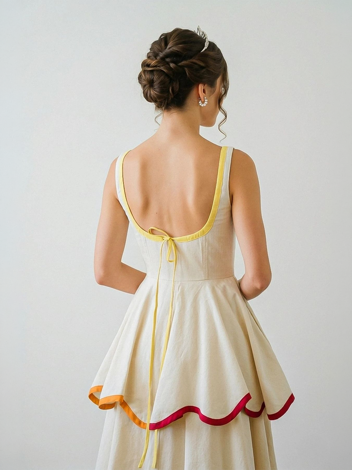 Robe midi évasée à volants avec encolure en U