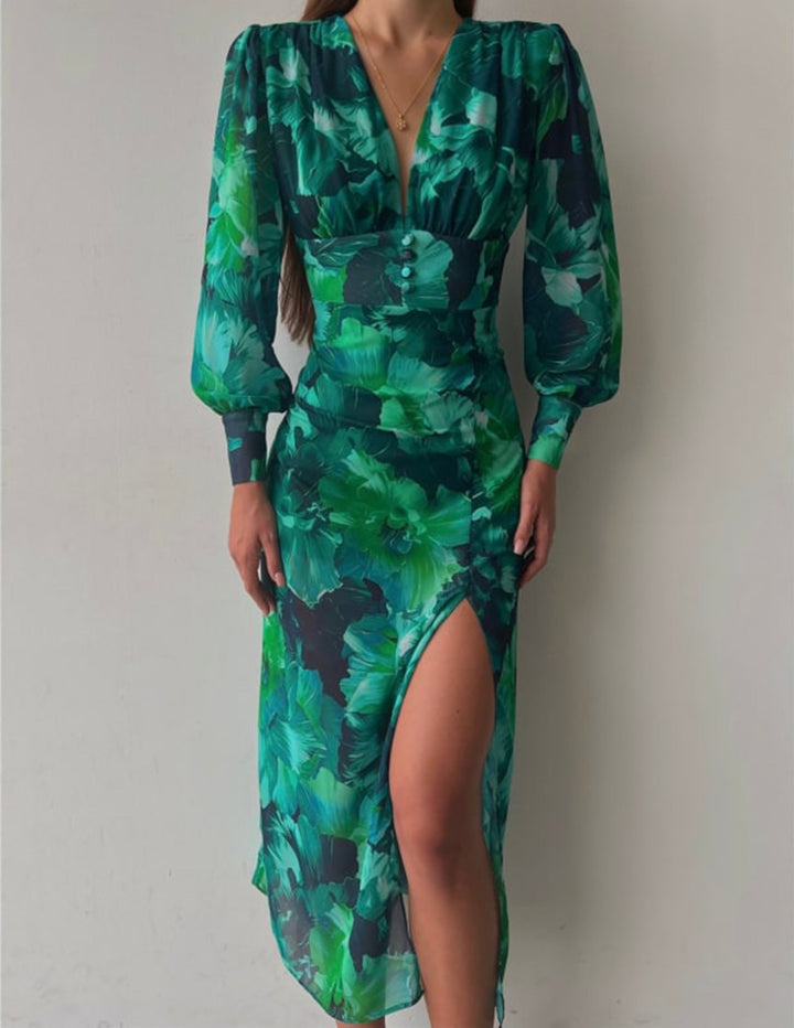 Calista Green Bloom maxi-jurk met V-hals en lange mouwen