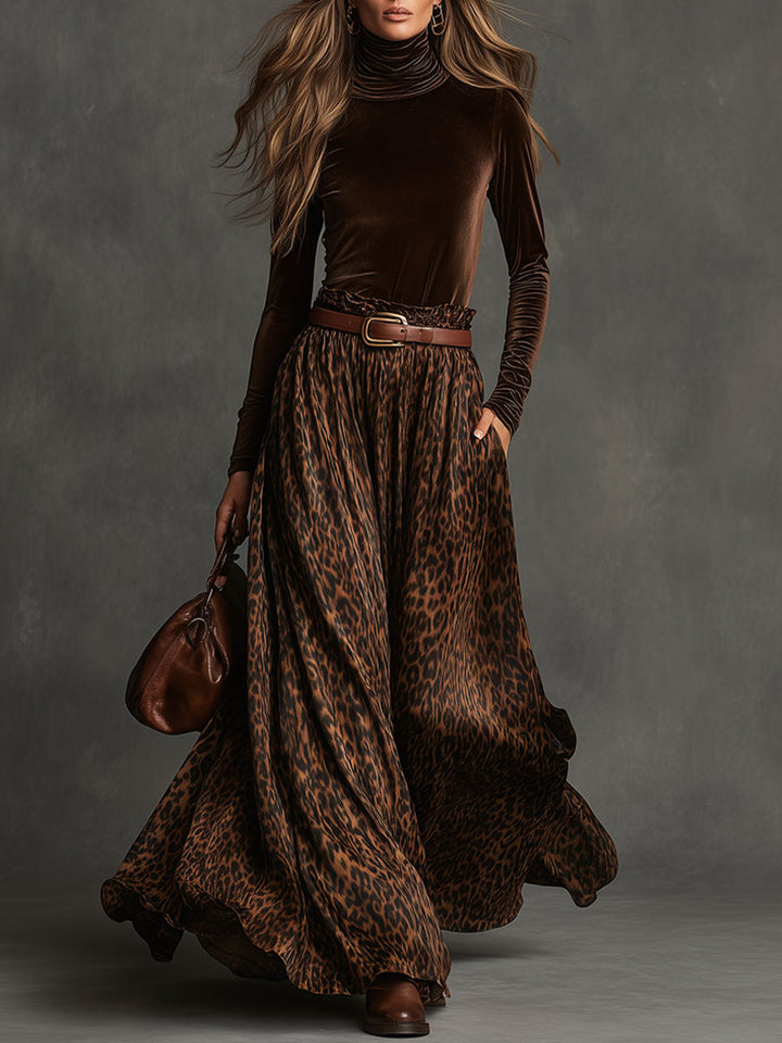 Ensemble vintage avec haut en velours à col roulé et jupe imprimée léopard