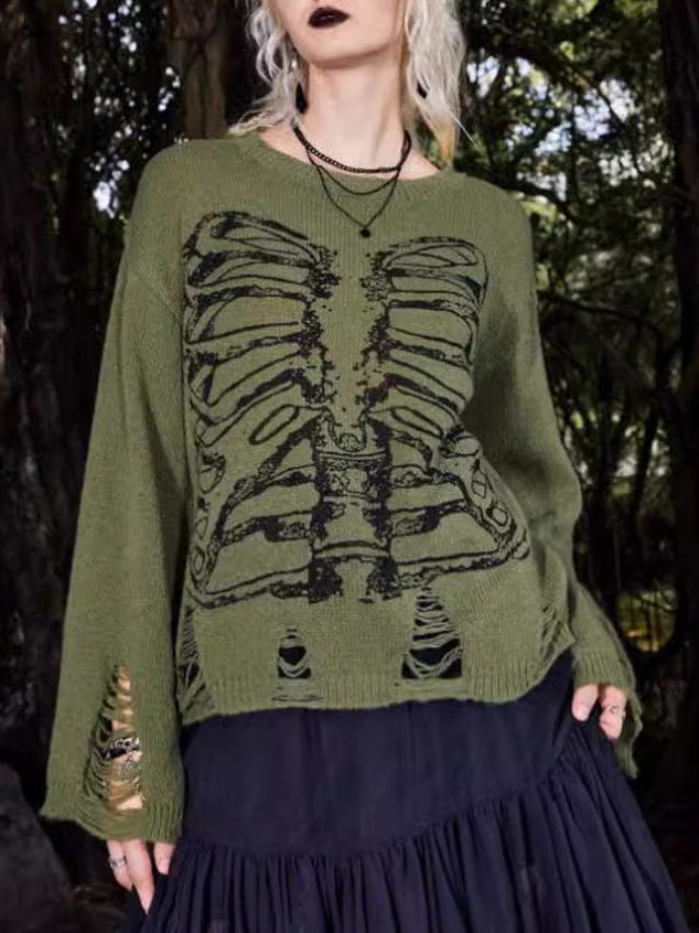 Halloween Skeleton Dark Style Ripped Langærmet Sweater