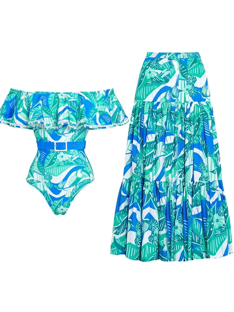 Set ng Swimsuit na Walang Strap na may Ruffle at Bulaklak