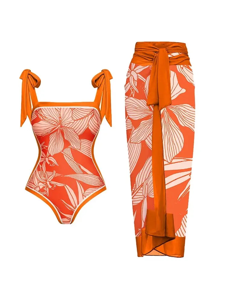 Set ng Isang Pirasong Swimsuit na may Tali at Print