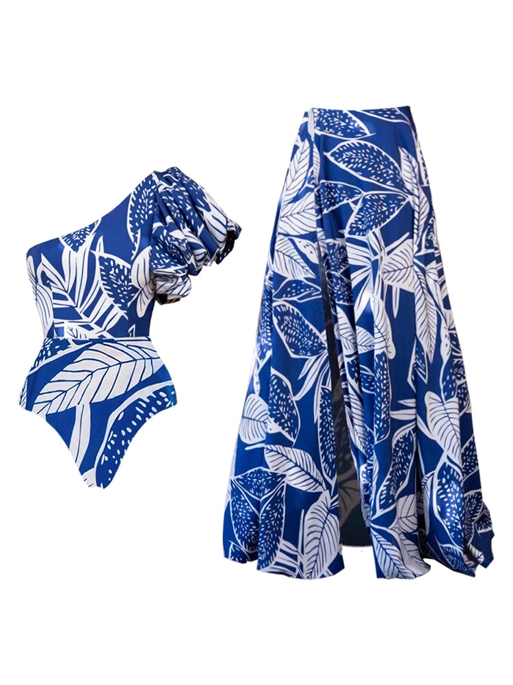 One-Shoulder Ruffle Floral Swimsuit Set
