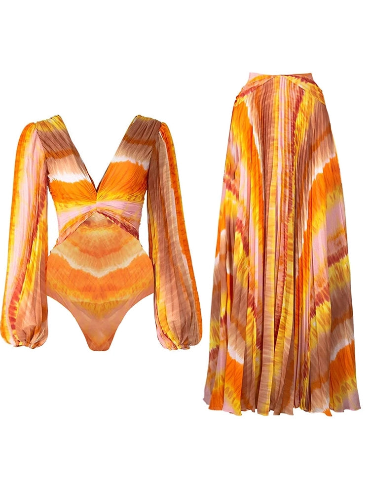 Conjunto de traje de baño estampado de manga larga con escote en V