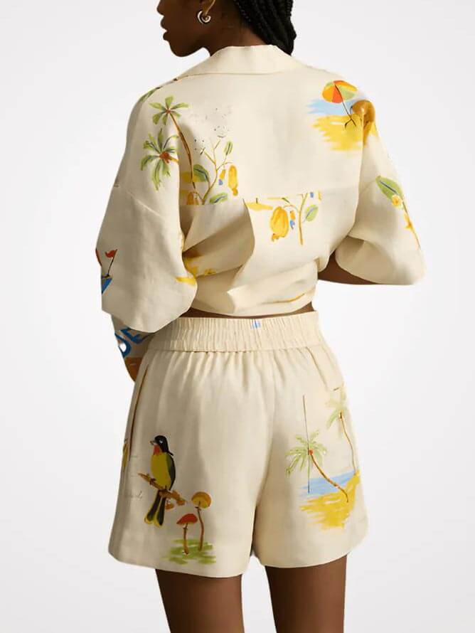 Conjunto de duas peças de shorts soltos com estampa floral folclórica exclusiva para férias