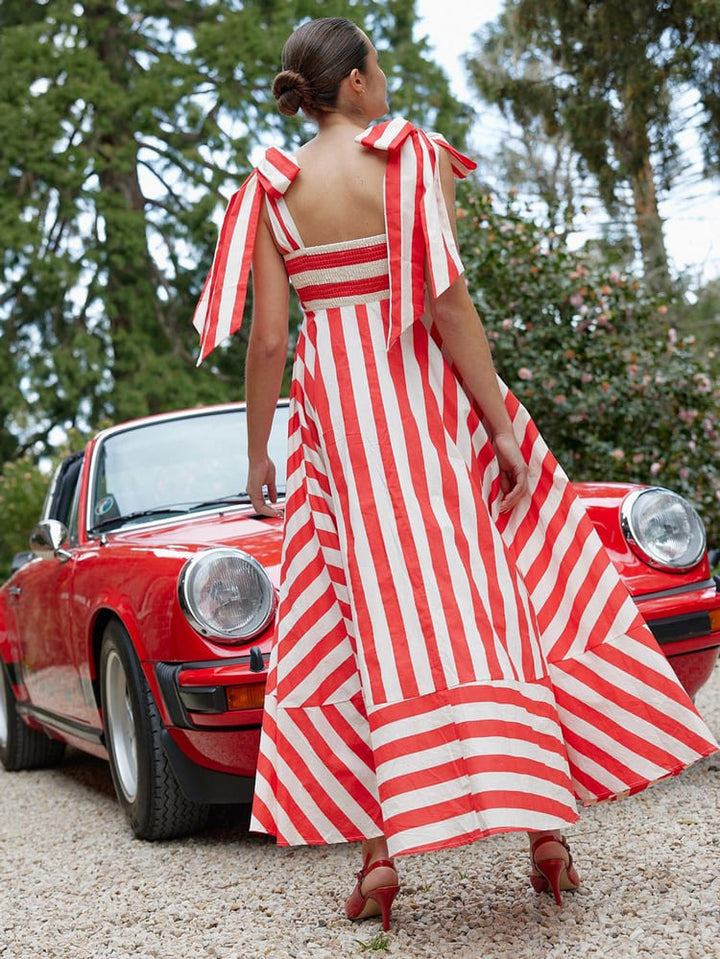 Hidden Striped Turtle High Waisted Maxi Dress-Poppy & Antique Stripe