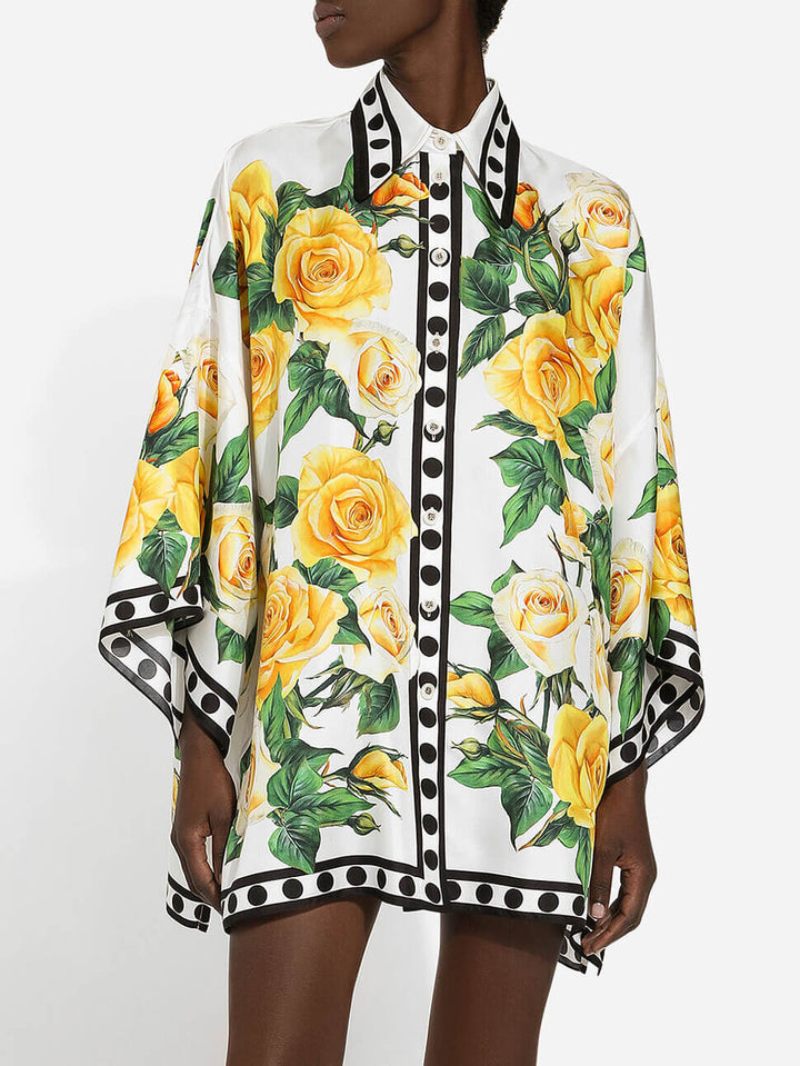 Napakagandang Rose Print Lapel Loose Shirt