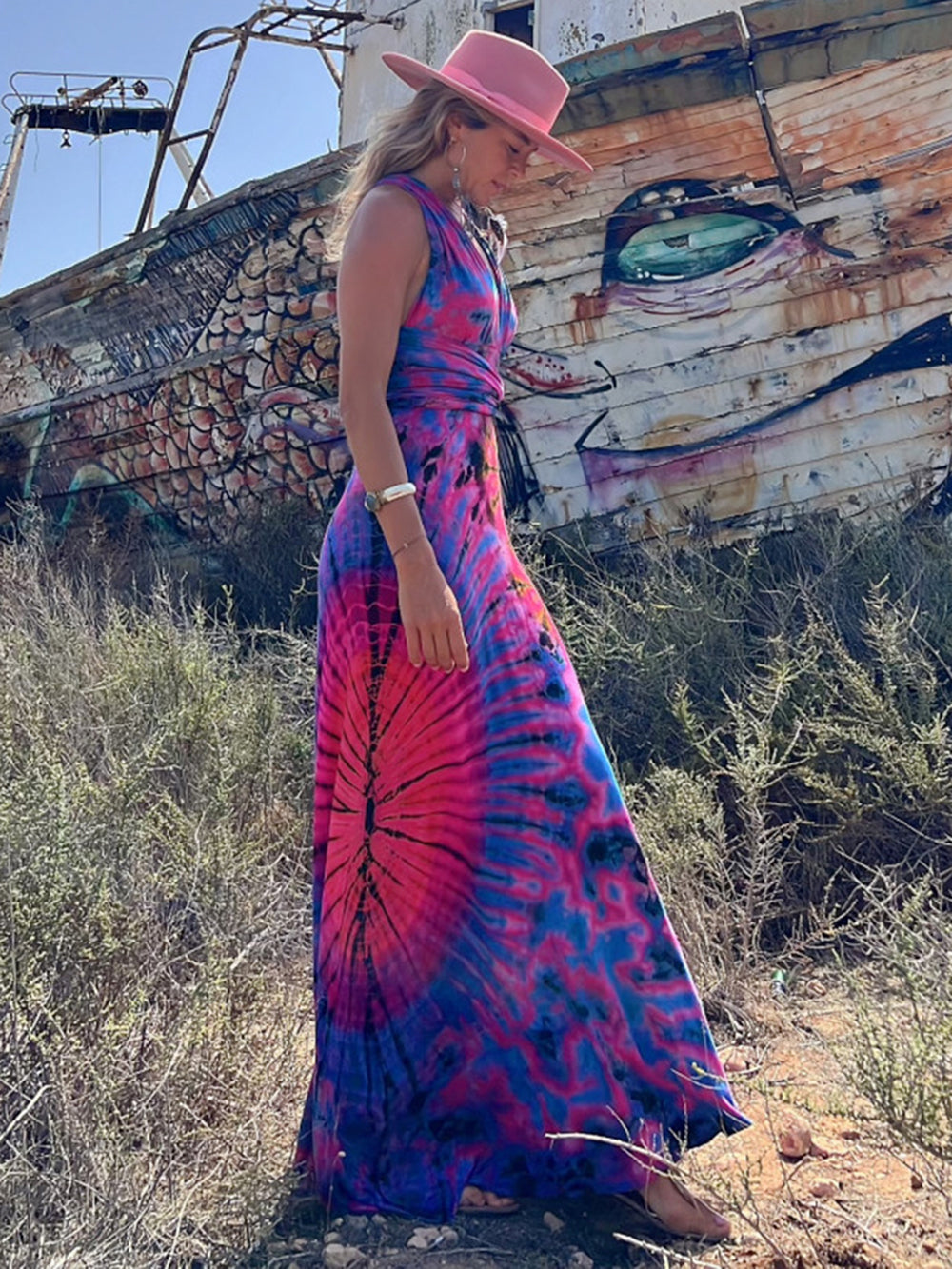 Tie-dye Print V-neck Cross Back Straps Stretch Maxi Dress